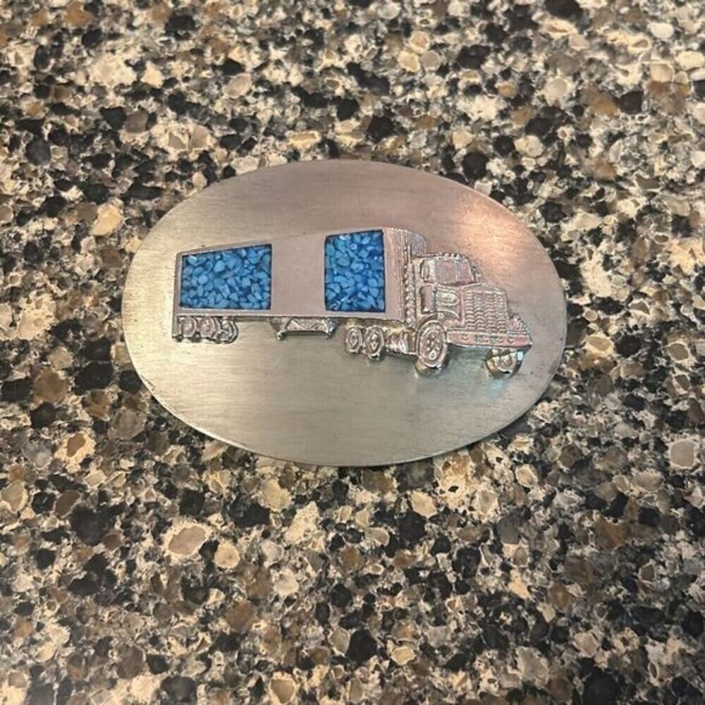 Vintage 3D trucker turquoise belt buckle unbranded semi truck vtg